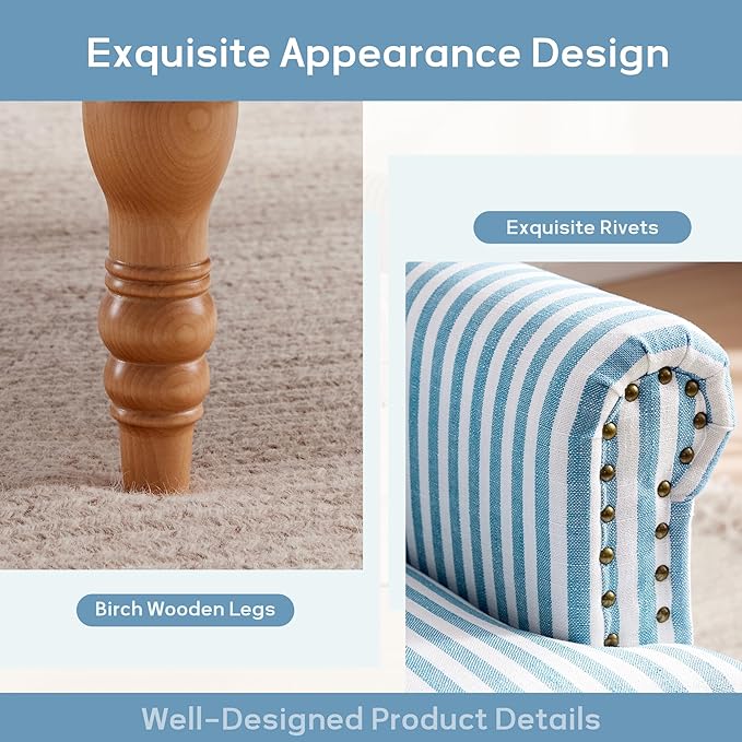 HUIMO Linen Fabric Accent Chairs Set of 2, Mid-Century Modern Armchair with Solid Wood Legs, Single Sofa Chair,Upholstered Reading Club Chair (2, Blue and White Stripe)