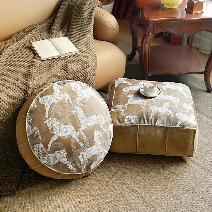 Unstuffed Pouf Cover Ottoman Footrest Animal Foot Stool Floor Bean Bag Floor Chair Storage for Living Room Bedroom Home Decor (Brown, 20 x 20 x 8 Inches Round)