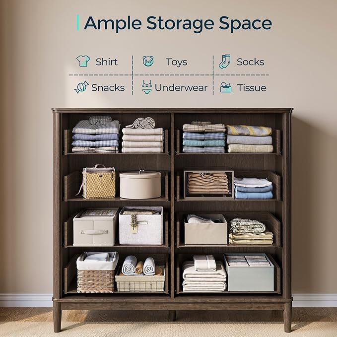 LINSY HOME Fluted Dresser for Bedroom with 8 Drawers, 47" Wide Mid Century Modern Dressers, Tall Boho Chest of Drawer, Large Wood Accent Storage Cabinet for Living Room, Curved Profile Design, Walnut