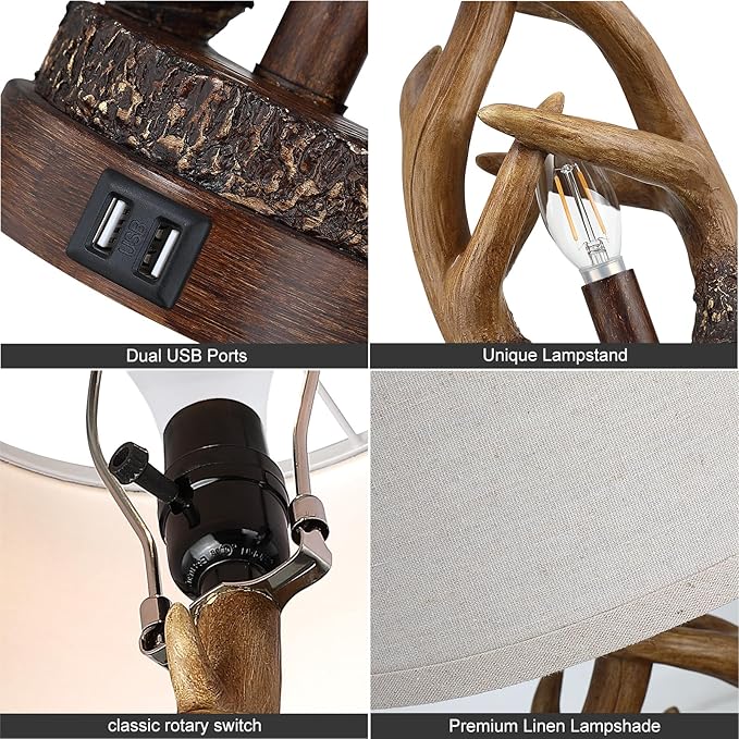 Rustic Table Lamps Farmhouse Antler Lamps Set of 2 Western Bedside Lamps for Bedroom with USB Charging Ports Nightlight,Vintage Resin Nightstand Table Lamps for Living Room (Bulbs Included)