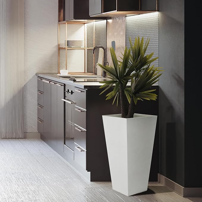 Worth Garden 2-Pack White Matte Texture Square Tapered Planter - 25.5" H. Tall Plastic Plant Pots with Drain Hole for Indoor Outdoor - Modern Decorative Flower Pots for Front Porch, Patio, Deck