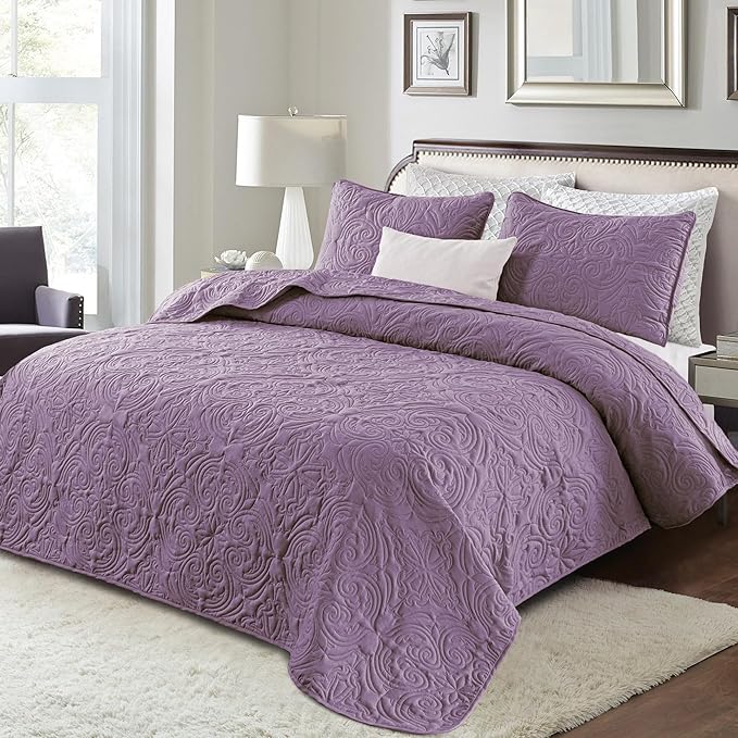 Exclusivo Mezcla Quilts King Size Bedspread with 2 Pillow Shams, Lightweight Dusty Lavender King Quilt Bedding Set with Vintage Damask Pattern, Soft Bedspreads Coverlets for All Seasons