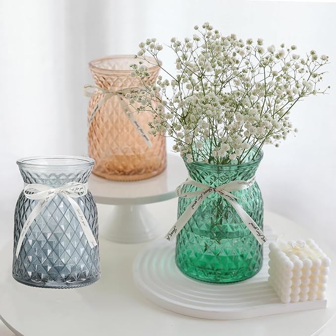 SOJOCK 2PACK Glass Flower Vases(Flowers NOT Included),6.3" High Diamond Pattern Vases,Vintage Vases for Centrepieces,Wedding Decorations,Home Table Flower Decorations
