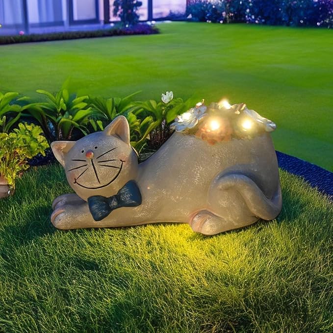 Cat Garden Figurines Outdoor Decor Solar Statue with Succulent and LED Lights for Patio Lawn Yard Art Decoration Housewarming Garden Gift