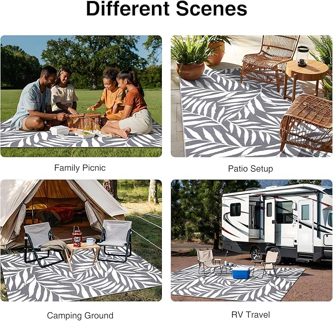 OLANLY Waterproof Outdoor Rug 5x8 ft, Reversible Outdoor Plastic Straw Rug with Leaf Pattern, RV Mat, Indoor Outdoor Carpet for Patio, Camping, Balcony, Deck, Backyard, Grey & White