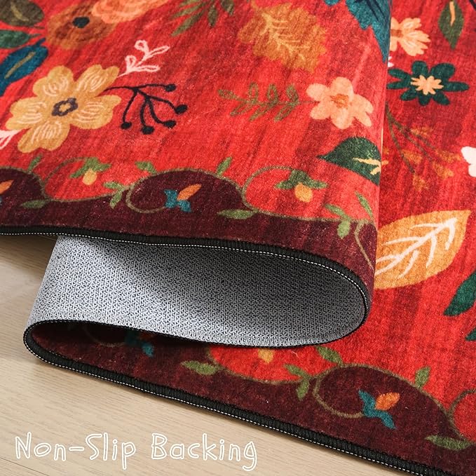 Door Mat Indoor Entrance 2x3 Rug Machine Washable Boho Floral Small Area Rug Non-Slip Low Pile Throw Rugs for Entryway, Kitchen, Front Door Indoor Entrance, Entry, Kids Room (Red)