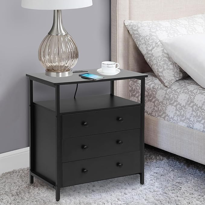 3 Wooden Drawers Nightstand, 27 Inch Wide Night Stand Set 2 with Charging Station and Adjustable Drawers, Small Dresser for Closet, Bedside Table for Living Room/Bedroom/Office, Black.
