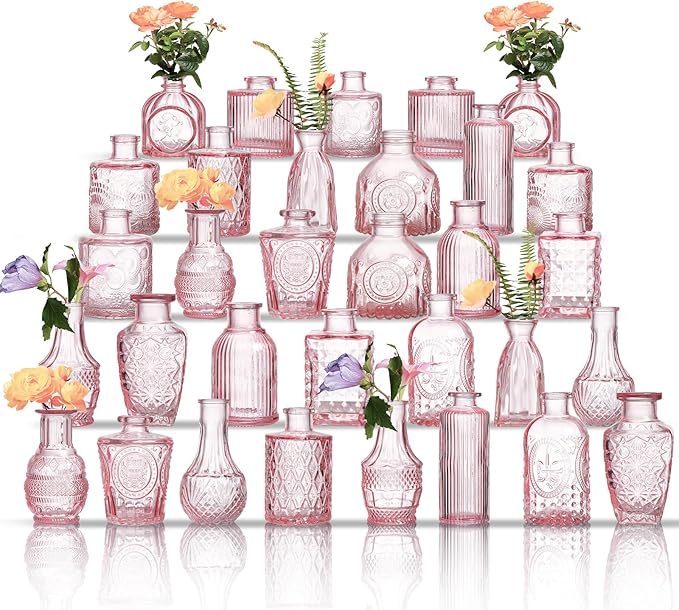 Glass Bud Vases Set of 32 - Pink Assorted Small Mini Glass Vases for Flowers, Crystal Vintage Vase Set, Bulk Centerpieces for Table Décor, Wedding, Home and Events (Pink, 32 Pcs)