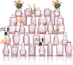 Glass Bud Vases Set of 32 - Pink Assorted Small Mini Glass Vases for Flowers, Crystal Vintage Vase Set, Bulk Centerpieces for Table Décor, Wedding, Home and Events (Pink, 32 Pcs)