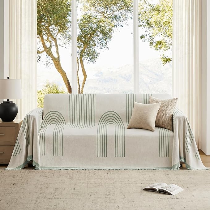 Boho Couch Cover Washable Sectional Couch Covers for Dogs Reversible Sofa Slipcover for 2 or 3 Cushion Couch Pet Friendly Furniture Protector (3# Sage Green, 91" x 150")