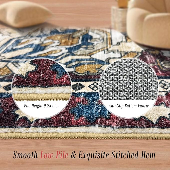 RUGSURE Washable Area Rugs - Perfect for Living Room, Bedroom, Kids Room, Nursery - Stain & Water Resistant Non-Slip, Pet & Child Friendly, Vintage Tribal Area Rugs (Rust and Blue, 4' x 6')