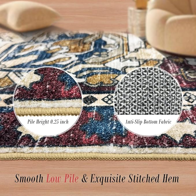 RUGSURE Washable Area Rugs - Perfect for Living Room, Bedroom, Kids Room, Nursery - Stain & Water Resistant Non-Slip, Pet & Child Friendly, Vintage Tribal Area Rugs (Rust and Blue, 6' x 9')