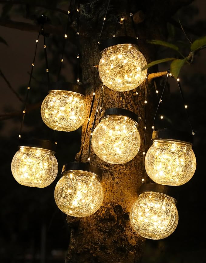 PARTPHONER Solar Lanterns Solar Lights Outdoor Waterproof 18-Pack, Solar Powered Hanging Lights Cracked Glass Hanging Globes for Christmas Decoration, Shepherd Hook, Garden Tree Ornaments