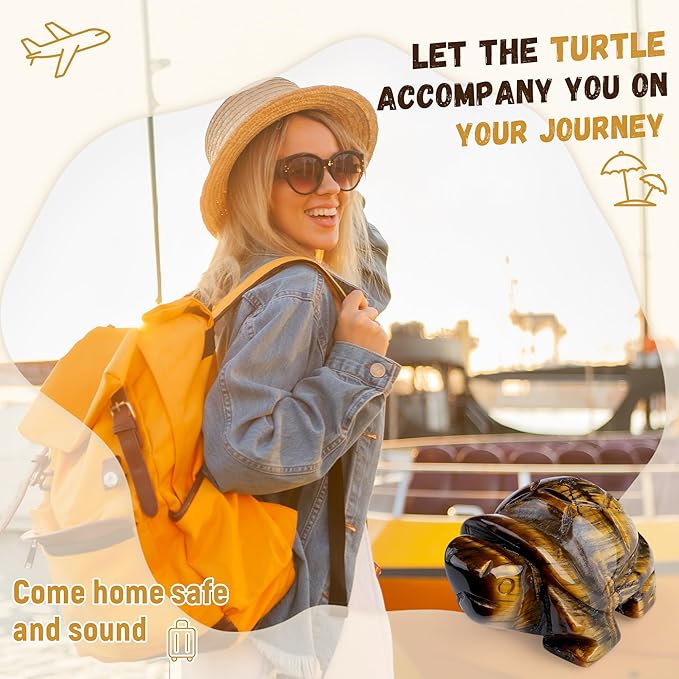 QINJIEJIE Travel Turtle Figurines for Travelers Best Travel Gifts for Women Men Tiger Eye Crystal Healing Crystals Sea Turtle Lovers Office Desk Decor Good Luck Gifts for Traveling Abroad