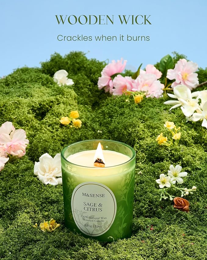 M&SENSE Sage Citrus Scented Candle, Cracking Wooden Wick Soy Wax, 18oz 100 Hours Long Lasting Clean Burn, Large Jar Candles for Home Decor, Non-Toxic Relaxing Aromatherapy Gifts for Women