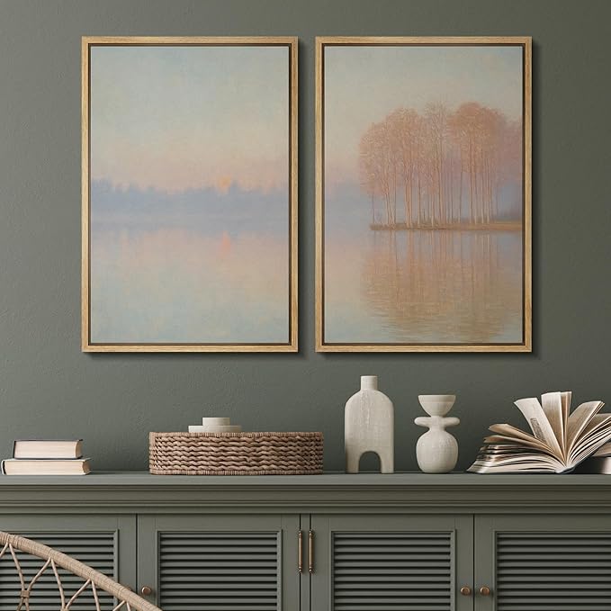 SIGNFORD Framed Canvas Print Wall Art Set Pastel Lake Landscape Serene Sunrise Water Reflection Illustration Modern Art Decorative Nordic Nature for Living Room, Bedroom, Office - 24"x36"x2 Natural
