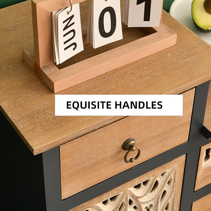 Farmhouse Accent Chest with Carved Door and 5-Drawers, Vintage Storage Cabinet Modern Dresser for Living Room, Entryway, Hallway, Multi-Drawer Organizer, Natural and Deep Blue