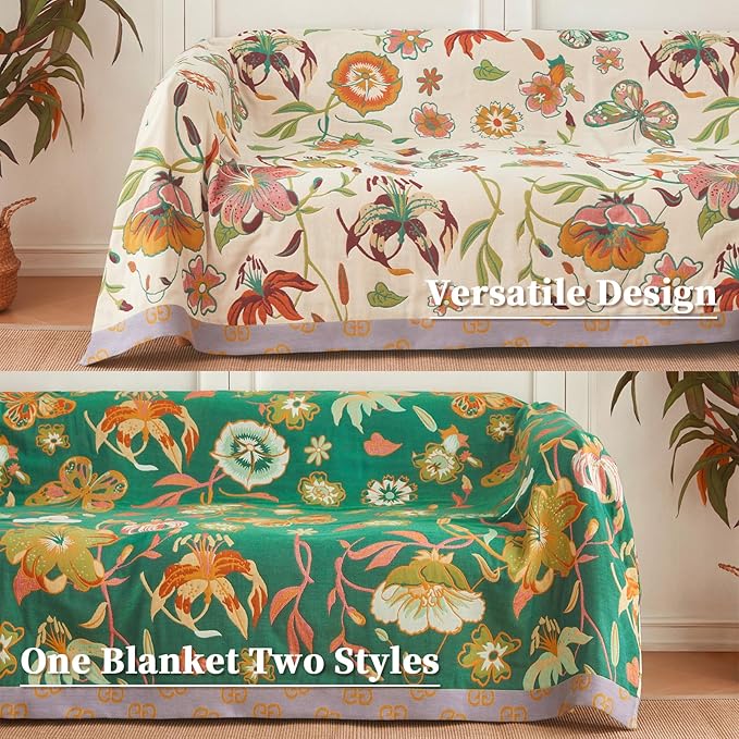 Cotton Throw Blanket Pure Cotton Floral Pattern Large Throw Blanket for Bed Summer Blanket Throw Farmhouse Decor Sofa Cover Bed Decoration (80"x90",05-Butterfly and Flower)