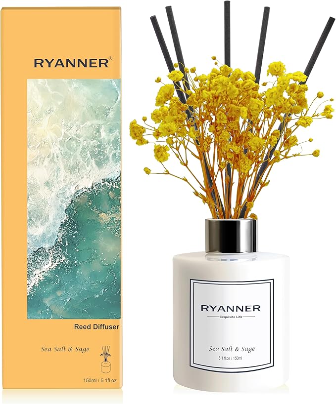 Reed Diffuser Set,5.1oz Sea Salt&Sage Scent Diffuser with Sticks Home Fragrance Reed Diffuser with Essential Oil for Bathroom Shelf Decor&Air Freshener,Home Bathroom Office Decor & Gifts