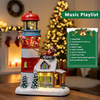 Musical Christmas Village Figurines Lighthouse & Flying Santa Collectibles Building Statues, Battery & USB Christmas Home Decor Gifts Festive Holiday Decorations