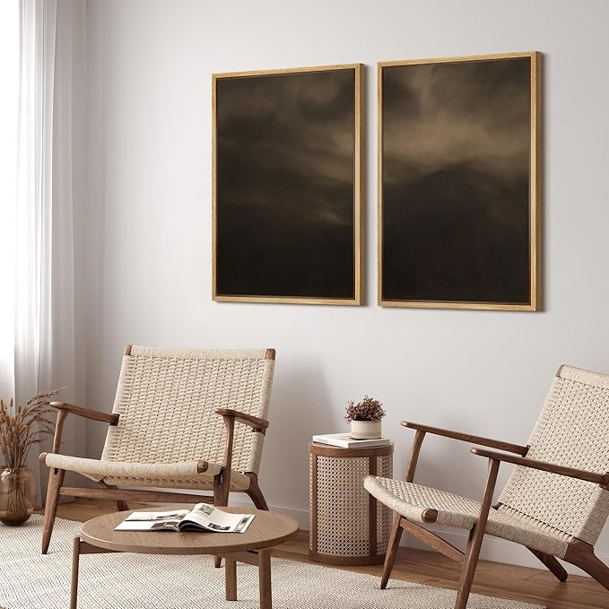 SIGNFORD Framed Canvas Print Wall Art Set Moody Misty Landscape Soft Brown and Gray Hues Illustration Modern Art Decorative Nordic Nature for Living Room, Bedroom, Office - 16"x24"x2 Natural