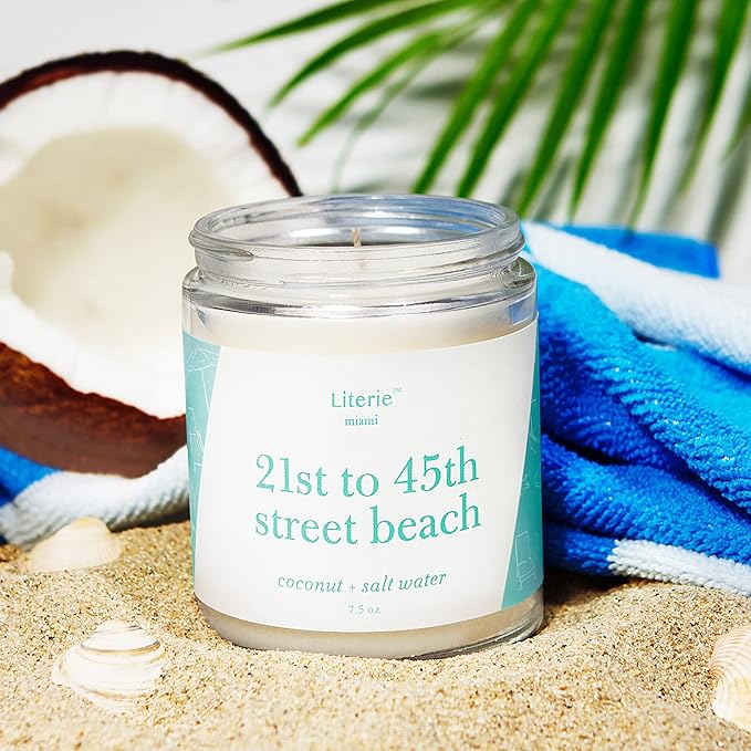 Literie Miami Inspired Scented Candle: 21st to 45th Street Beach - Coconut & Salt Water Scent, 7.5oz, 40 Hour Burn, Vegan Soy & Coconut Blend Candle for Home Decor, Gift for Women & Men