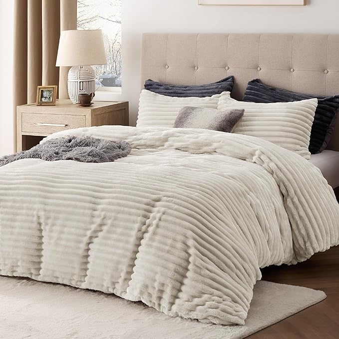 Bedsure Fluffy Duvet Cover Set - Ultra Soft Plush Shaggy Comforter Cover Queen Size, Warm Flannel Fleece Bed Sets for Winter, 3 Pieces (Striped Pattern, Linen)