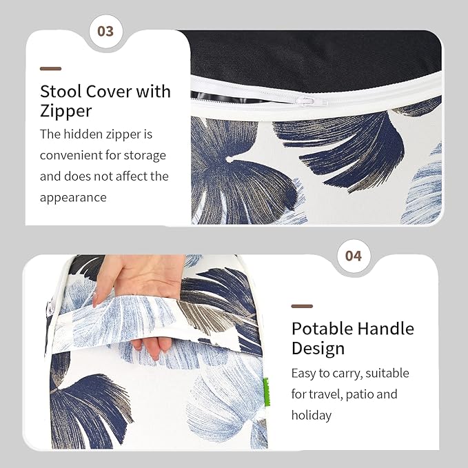 Inflatable Ottoman Stool D21 xH9 for Outdoor/Indoor Use, Water Repellent Patio Foot Rest Stool with Portable Handle,Round Pouf Ottoman Suitable for Garden,Deck and Camping - Monstera Blue