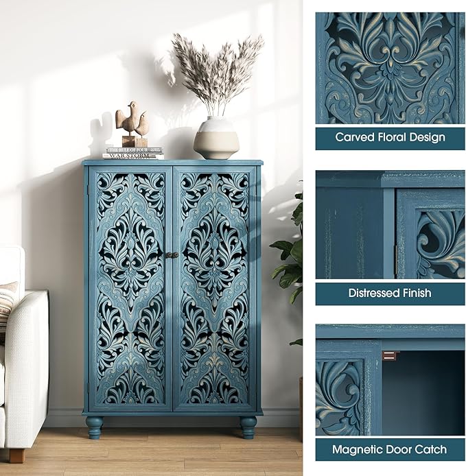 47" Tall Accent Cabinet with Doors and Shelves, Storage Cabinet with Solid Wood Legs for Living Room,Entryway,Dining Room,Bedroom,Blue