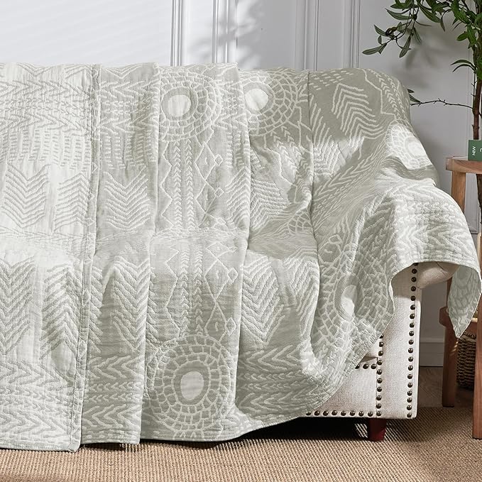 jinchan Boho 100% Cotton Muslin 50x60 Throw Blanket Lightweight 3-Layer Light Grey Blanket Washable Reversible Breathable Decorative Geometric Striped Patterned Soft Cozy for Sofa Bed All Season Gift
