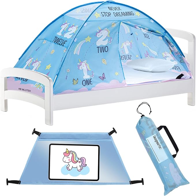 Pink Unicorn Twin Bed Tent for Kids Indoor Fort - Magical Dream Tents for Boys Pop Up Toddler Bed Canopy for Girls Bunk Bed Tent for Top Bunk - Sensory Sleep Pod for Kids Educational