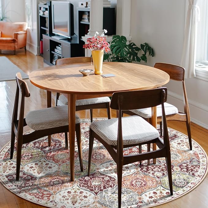 Lahome Moroccan Trellis Washable Round Rugs, Non-Slip Soft Round Rug 4ft Ultra-Thin, Small Vintage Circle Carpet for Entryway Kitchen Bedroom Nursery Bathroom, Orange/Terracotta