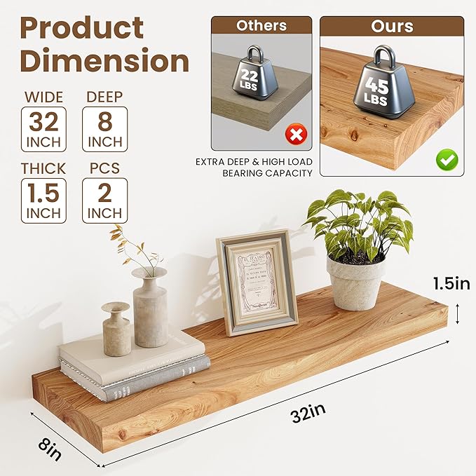 Floating Shelves, 8" Deep Rustic Solid Elm Wood Wall Mounted Floating Shelves, Wall Shelves with Invisible Bracket for Living Room Bathroom Bedroom Kitchen, 32 Inch Set of 2, Natural