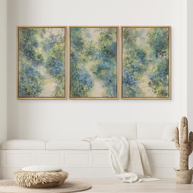 SIGNWIN Framed Canvas Print Wall Art Blue and Green Floral Impressionist Nature Scene Photography Modern Art Minimalist Black and White for Living Room, Bedroom, Office - 24"x36"x3 Natural