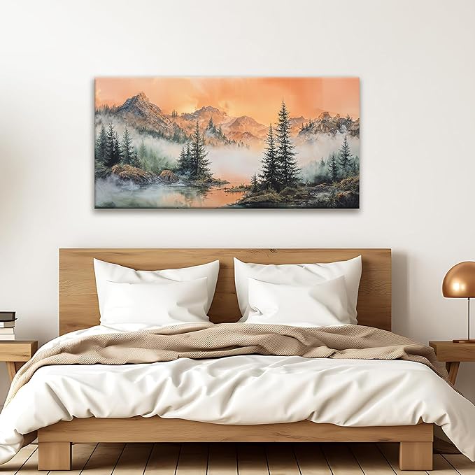 Tsomzxng Large Mountain Wall Art For Living Room Canvas Art Wall Decor For Office Wall Decorations Picture For Bedroom Forest River Landscape Prints Paintings Modern Pictures Artwork 24 X 48 In