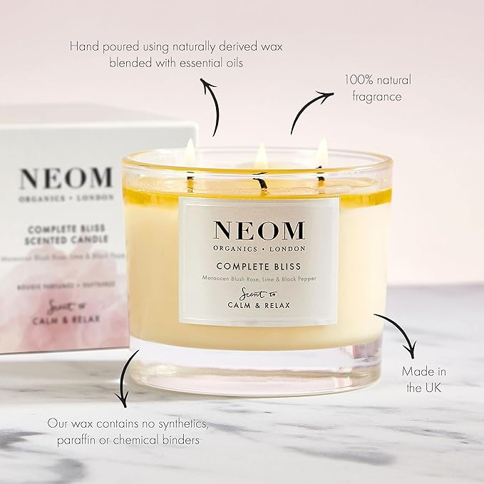 NEOM- Complete Bliss Scented Candle, 3 Wick | Blush Rose, Lime & Black Pepper | Essential Oil Aromatherapy Candle | Scent to De-Stress