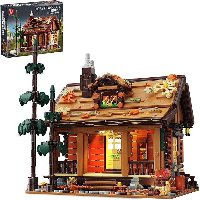 Wood Cabin Building Blocks Set with LED Lights, Autumn House Building Toys, Log Cabin Construction Kits, Stem Forest Treehouse Model, Birthday Gift for Adults and Boys Age 8-12(1969Pcs)