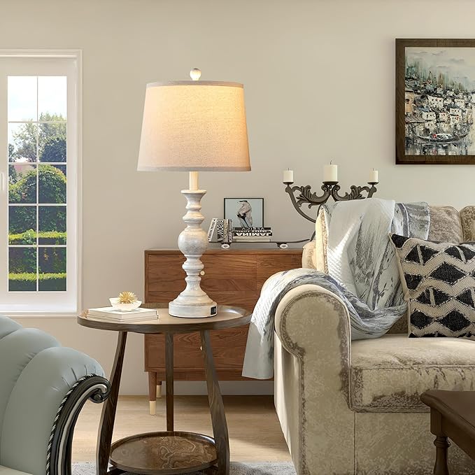 Farmhouse Lamp for Bedroom Set of 2, Rustic Table Lamp with Dual USB Charging Ports, 28" Tall Table Lamps with Linen Shade for Living Room, Bulb Not Included