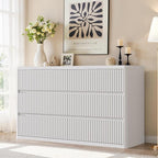 White 6 Drawers Double Dresser, Fluted Dresser for Bedroom, Modern Chest of Drawers with Handleless, Curved Profile Dressers TV Stand, Wood Storage Organizer for Living Room, Hallway