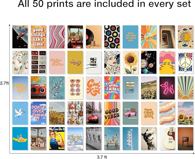 Y2K BOO Hippie Aesthetic Wall Collage Kit – 50 Multicolor Boho Retro Photos, 4"x6" Semi-Gloss Prints for Teen Girls Dorm Room Decor, Vintage 70s Wall Art, Birthday & Graduation Gift