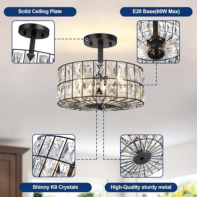 Modern Crystal Pendant Light Fixture Farmhouse Round Semi Flush Mount Ceiling Lights, Drum Shade 3LT Ceiling Lamp for Kitchen Island Dinning Room Bedroom, Hallway Black Finish