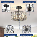 Modern Crystal Pendant Light Fixture Farmhouse Round Semi Flush Mount Ceiling Lights, Drum Shade 3LT Ceiling Lamp for Kitchen Island Dinning Room Bedroom, Hallway Black Finish