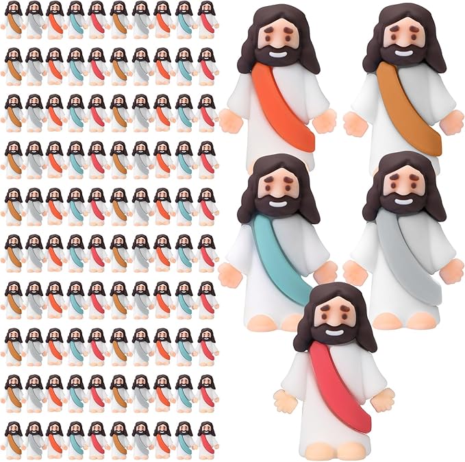 Bememo 100 Pcs Jesus Toys Original Design Mini Rubber Little Jesus Figurine to Hide and Seek Religious Party Favors Sunday School Craft Baptism Gifts for Easter Egg Stuffers (Bohemian Color)