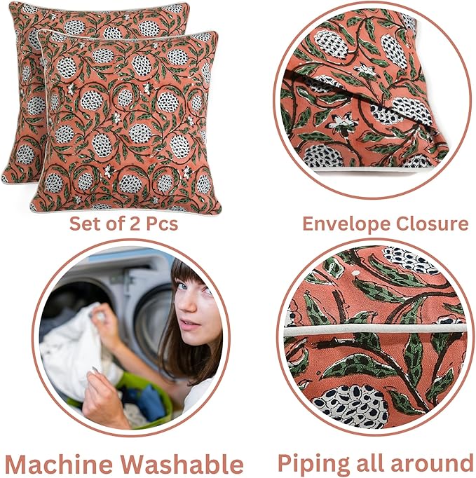 Ridhi Dark Salmon Pink Block Print Cotton Canvas Throw Pillow Covers for Decorative Couch Pillows for Living Room, Chic Boho Cute Outdoor Valentine Pillows Covers Gifts 18x18 Inches