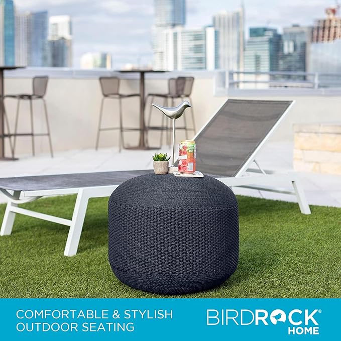 BIRDROCK HOME Outdoor Pouf Ottoman | Hand Woven Waterproof Foot Stool with Bead Bag Filling | Boho Foot Rest for Patio, Living Room, Porch & Outdoor Seating | Lightweight, Soft Stuffed Chair | Navy