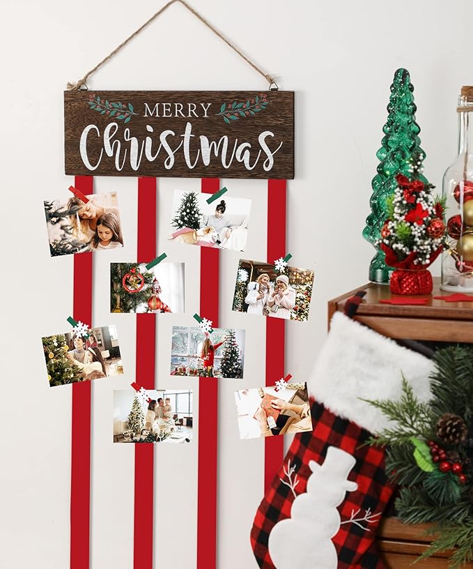 Christmas Card Holder Display, Card Holder Wall Display, Merry Christmas Wooden Decor, Xmas Hanging Picture Holders with 24 Photo Clips, Xmas Decor for Wall Door Window Home