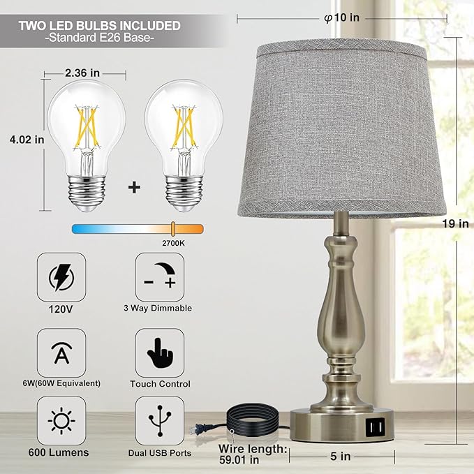 Table Lamps for Bedroom Set of 2,3 Way Dimmable Touch Bedside Lamps with Dual USB A+C Ports - Nightstand Lamp for End Table Modern Night Stand Lamps for Living Room Guest Room