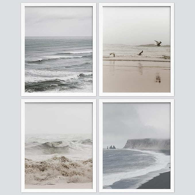SIGNWIN Framed White Minimal Ocean Beach Seashore Coastals Wall Art, Set of 4 Landscape Colorful Wall Decor Prints, Nature Wilderness Wall Décor for Living Room, Bedroom - 11"x14" White