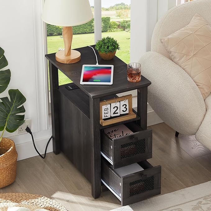 Farmhouse XXL End Table with Charging Station, Narrow Side Table with USB Ports and Outlets, Nightstand with 2 Drawers Storage, Grey Bedside Tables for Living Room, Bedroom