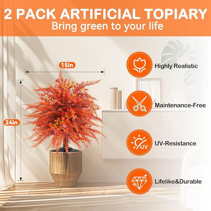 Artificial Topiary Ball Trees with Ground Spikes UV Resistant Faux Greenery Shrubs Fake Shrubs for Outdoors, Realistic Faux Plants Bushes for Garden Porch Yard Patio Decor (Orange Fern)